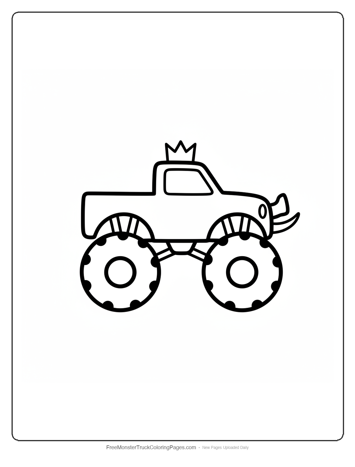 Black and white coloring page of a simple monster truck with two short tusks, a crown on the roof, and a short trunk bumper