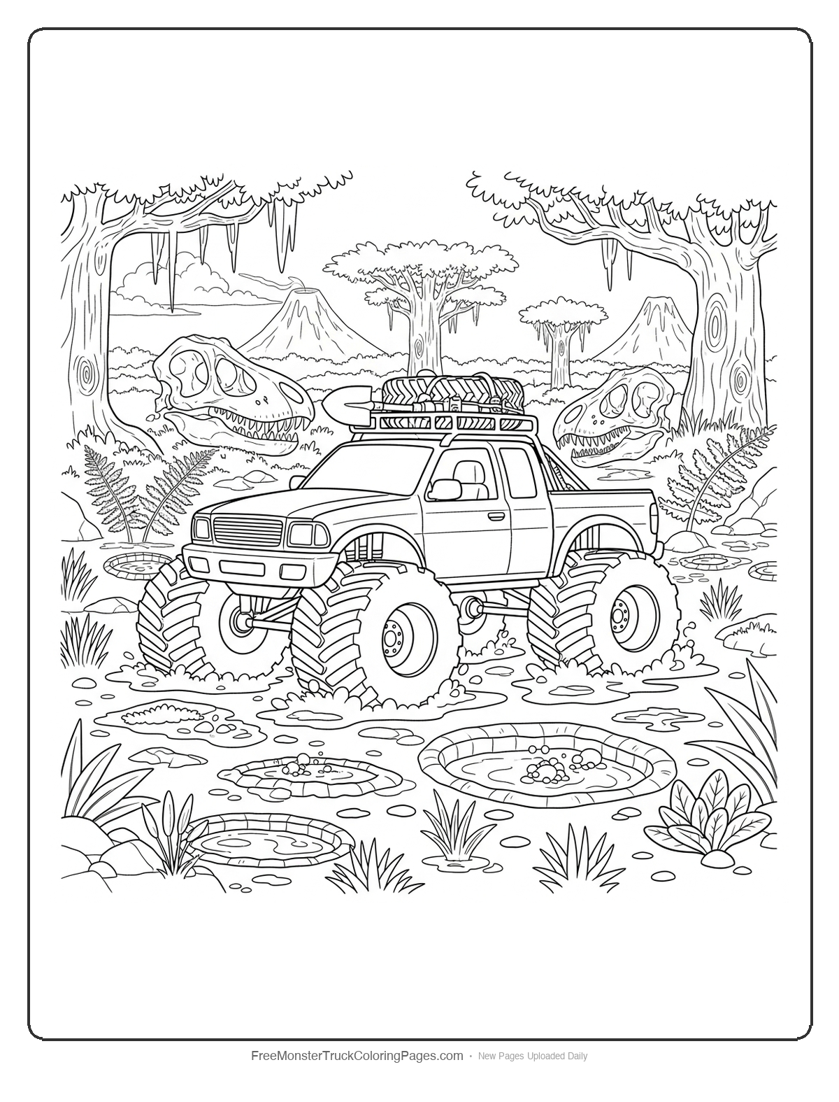 Coloring page of a monster truck exploring a prehistoric swamp with dinosaur fossils and ancient plants