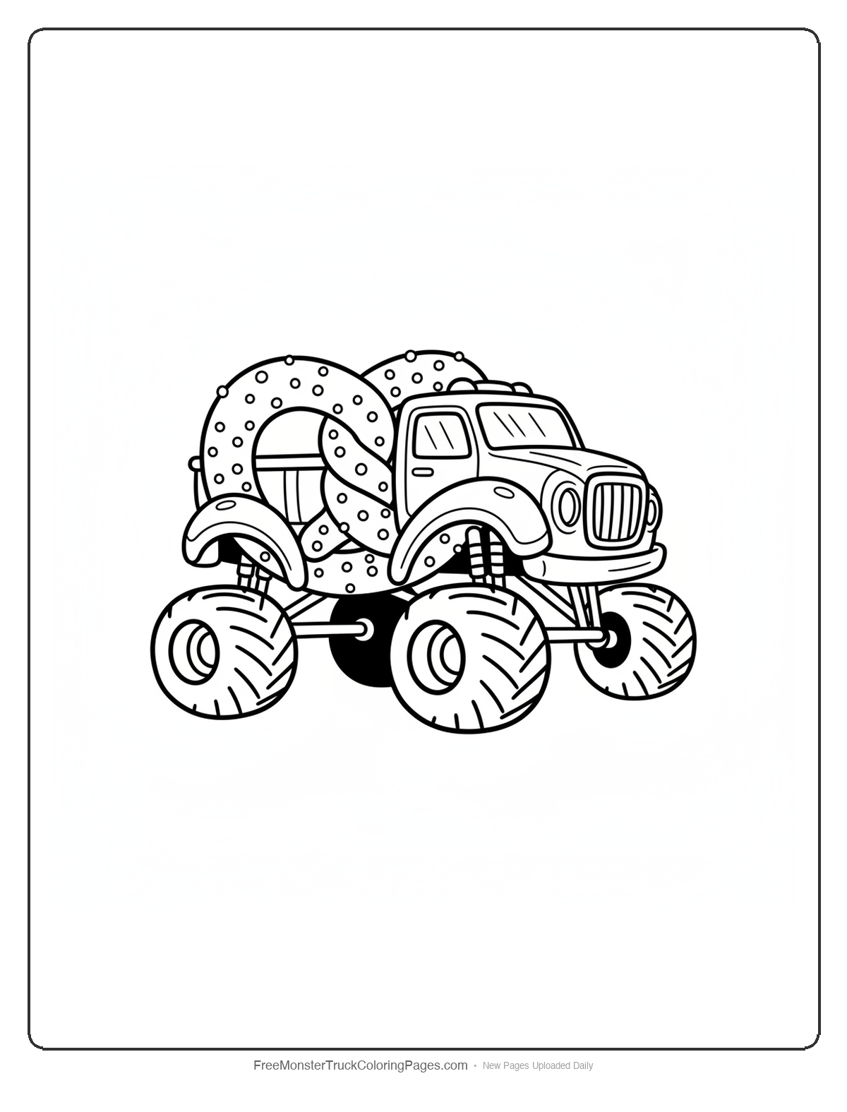 Black and white coloring page of a monster truck with a pretzel-twisted body shape and salt crystal decorations