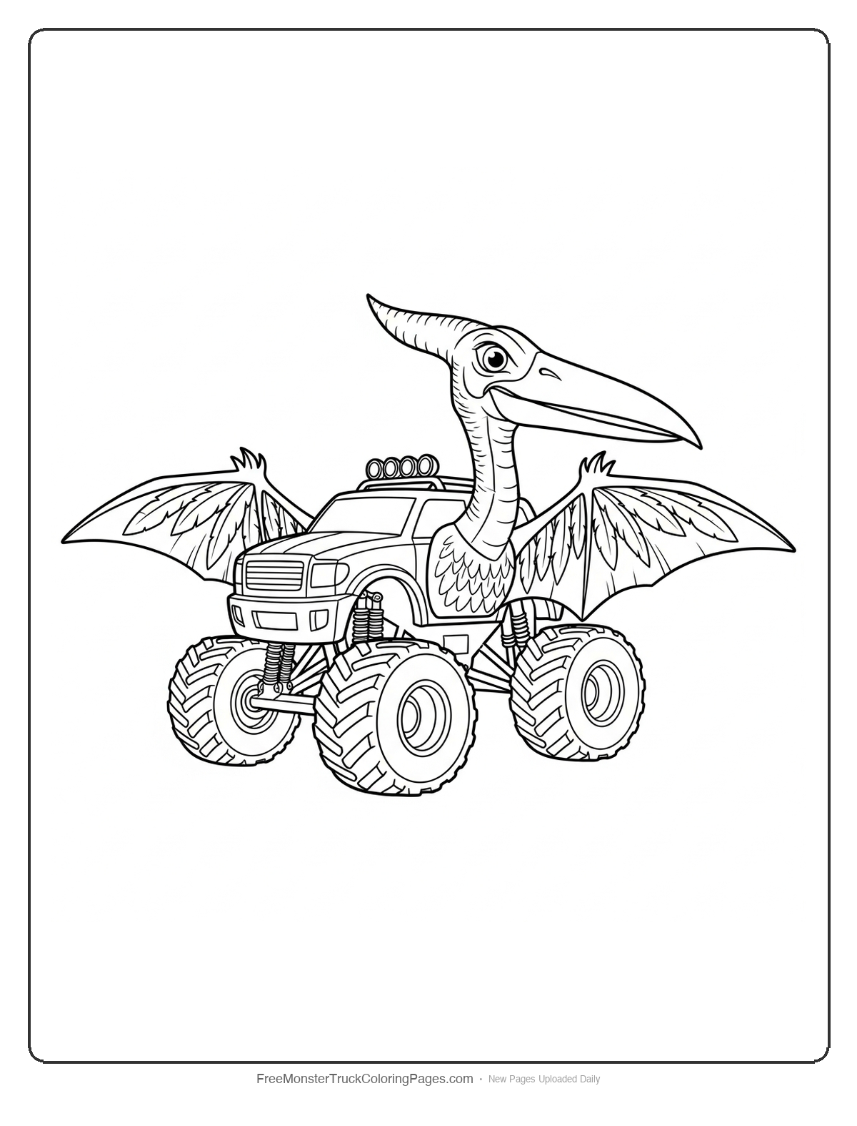 Black and white coloring page of a monster truck with large pterodactyl wings and a pointed beak design