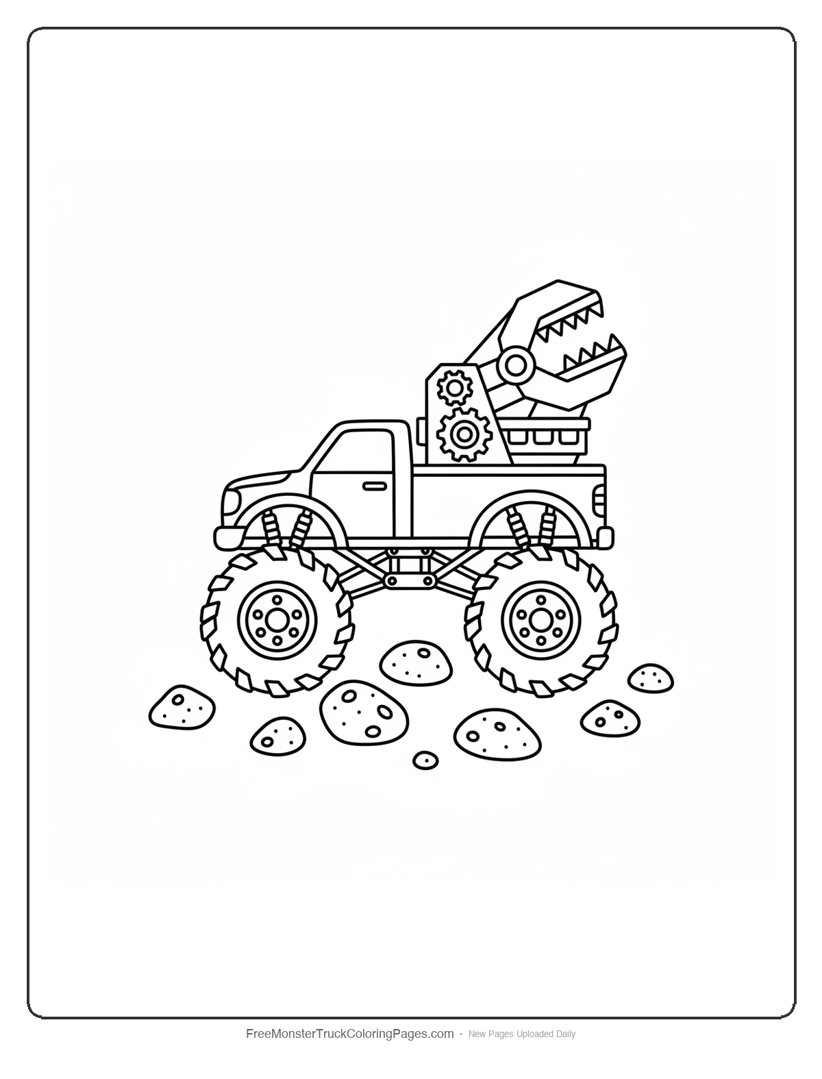 Monster truck coloring page with specialized crushing equipment and various pumice stones scattered around