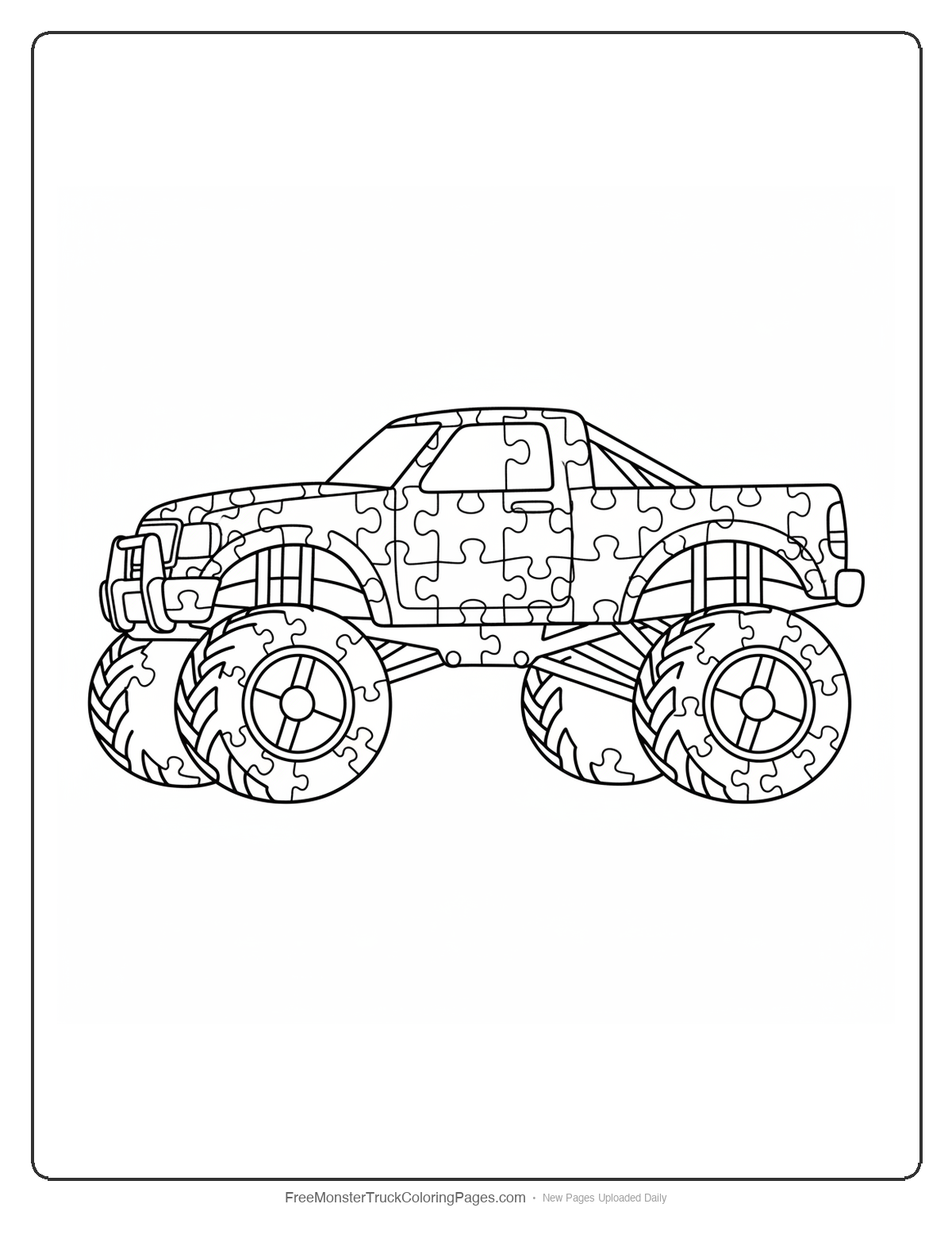 Detailed monster truck coloring page completely covered in interlocking jigsaw puzzle piece patterns