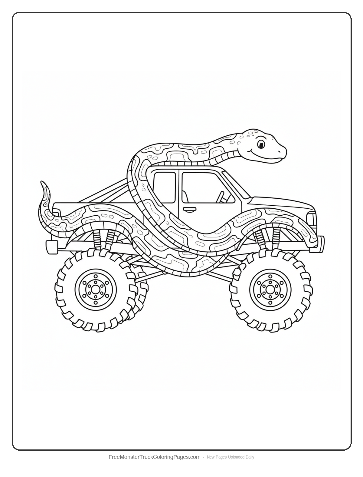 Black and white coloring page of a monster truck with a roll cage shaped like a python snake wrapping around the cab