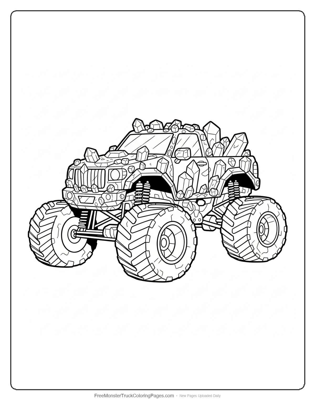 Highly detailed monster truck coloring page covered in quartz crystal formations with complex geometric patterns