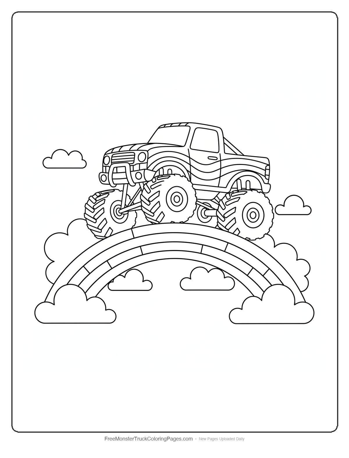 Monster truck driving on a rainbow bridge with clouds around it and rainbow stripes on the truck body