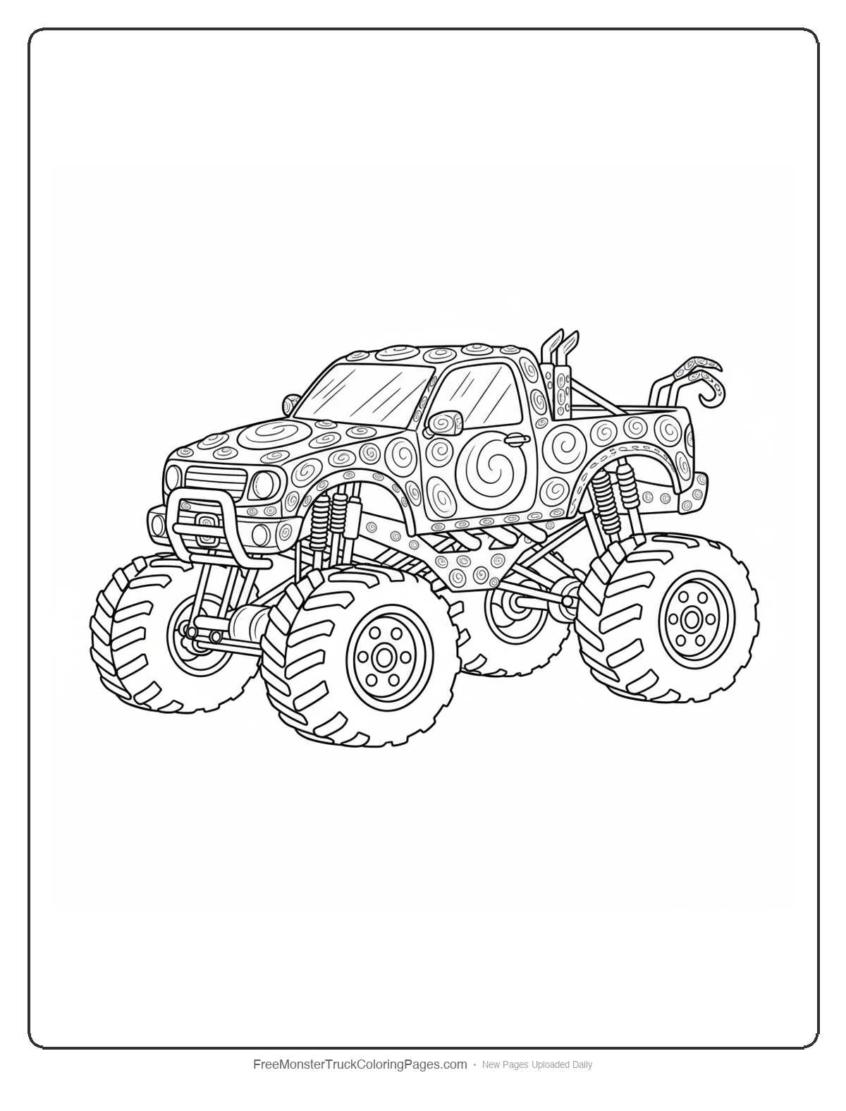 Detailed monster truck coloring page featuring rainbow opal decorations with intricate patterns and multiple design elements