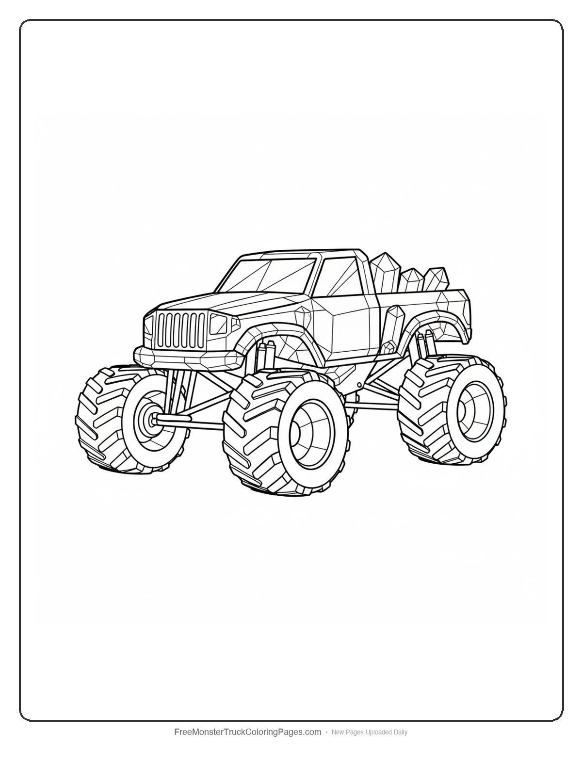 Black and white coloring page of a monster truck constructed from rainbow quartz crystals with geometric designs