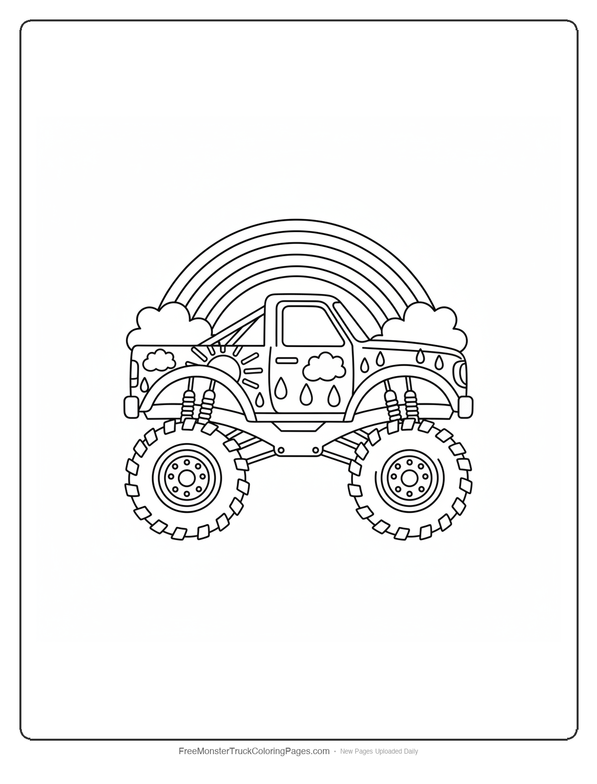 Coloring page of a monster truck with a large rainbow arc and weather-themed details