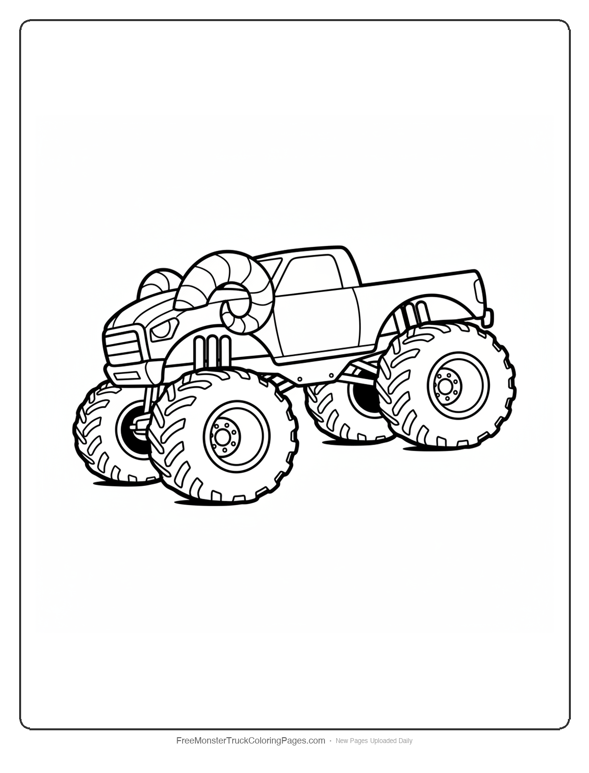 Black and white coloring page of a monster truck leaning far forward with the hood lowered in a charging ram stance