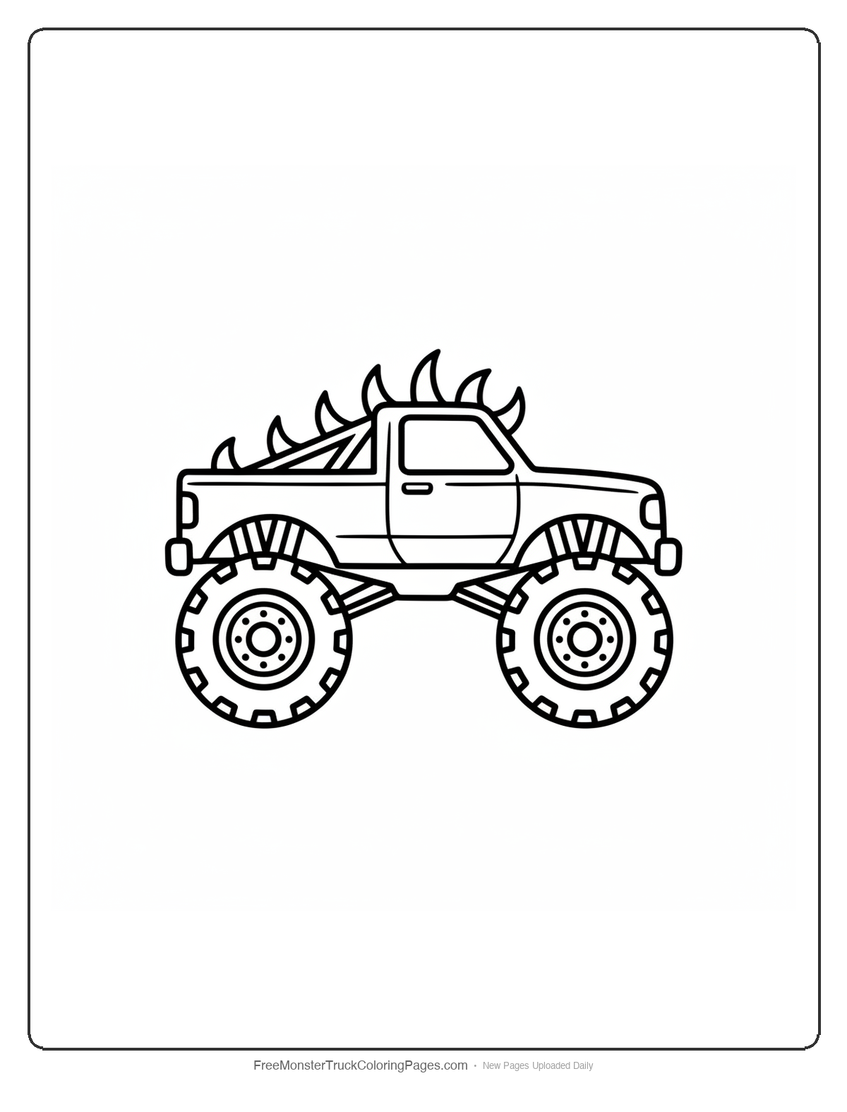Black and white coloring page of a simple monster truck with a ring of small horn shapes around the roof edge like a crown