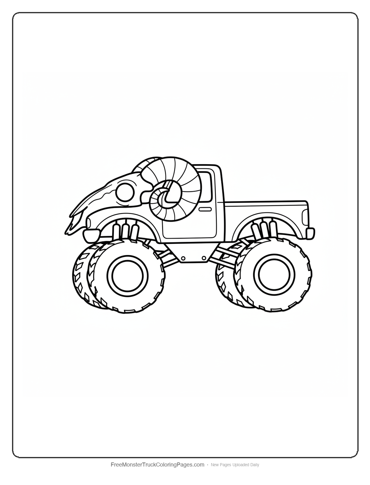 Black and white coloring page of a monster truck with a hood shaped like a ram skull with eye socket air intakes