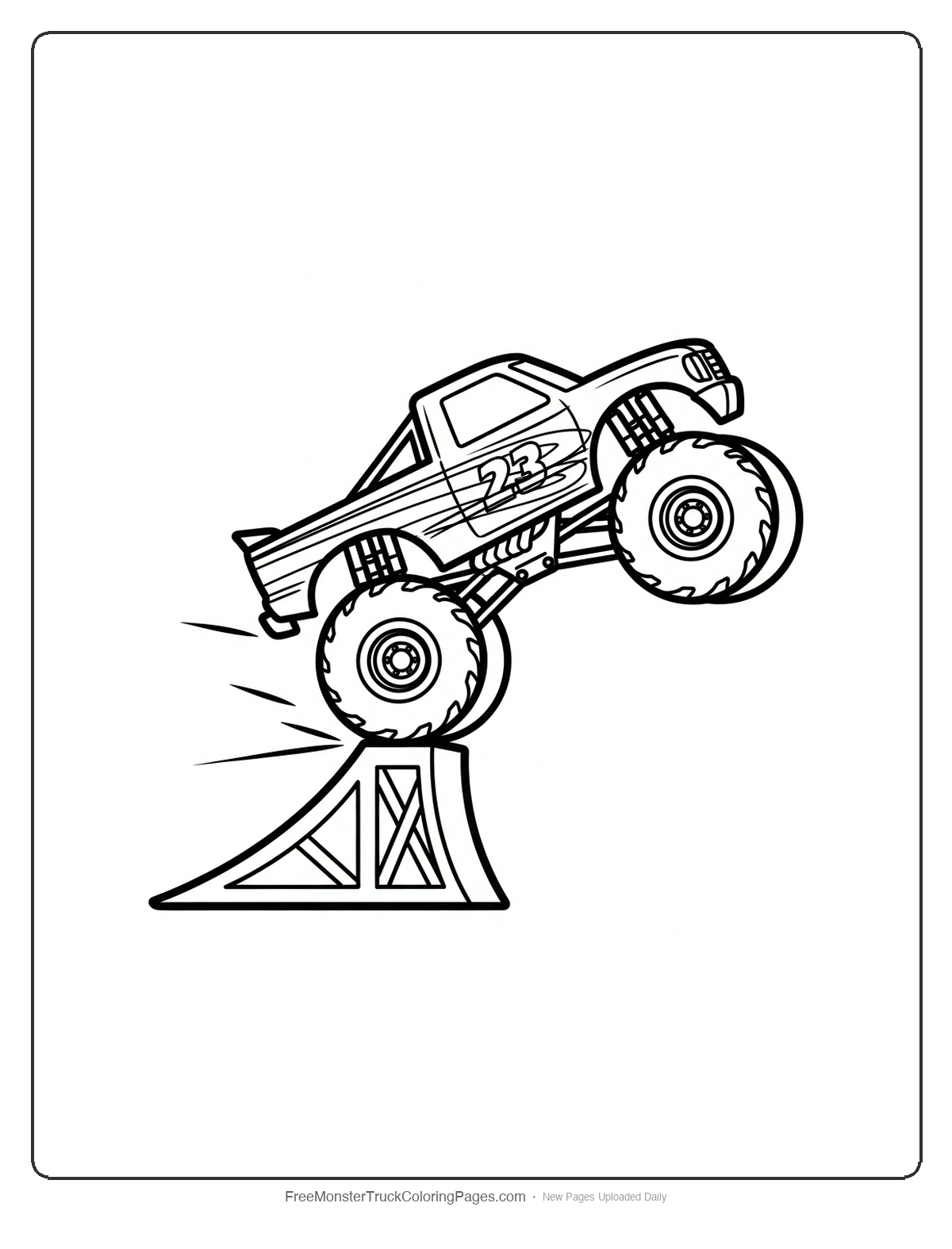 Black and white coloring page of a monster truck launching off a ramp with detailed stunt action and motion effects