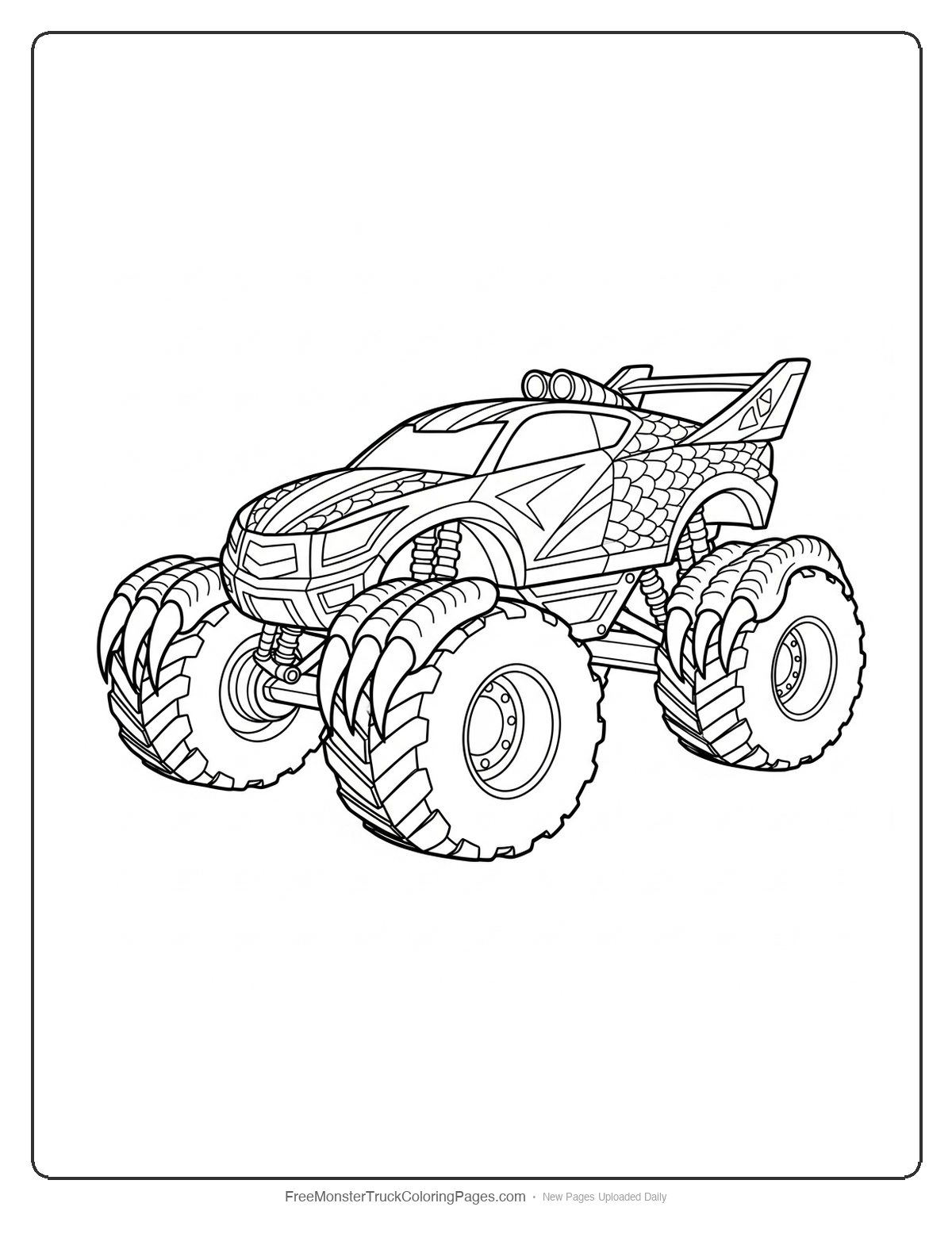 Black and white coloring page of a monster truck with raptor claw attachments on wheels and predator-style design