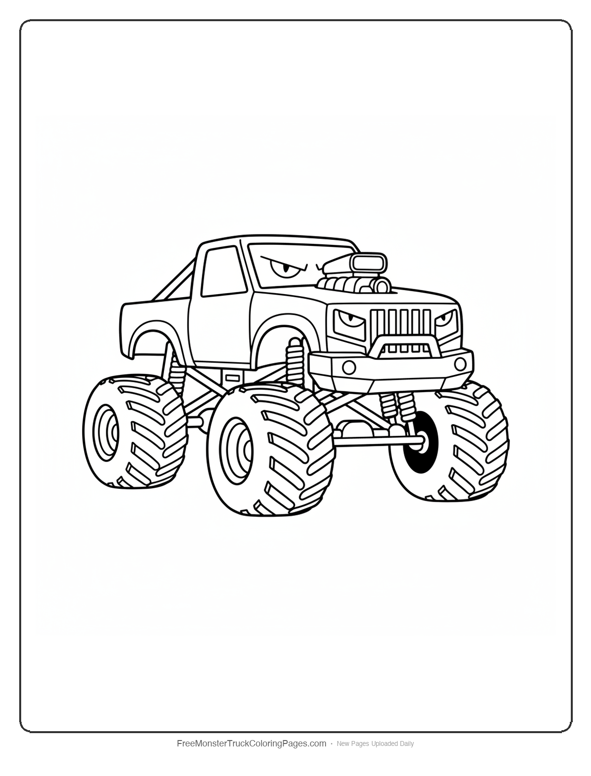Black and white coloring page of a monster truck with extremely narrow horizontal slit headlights like a hawk's focused hunting gaze