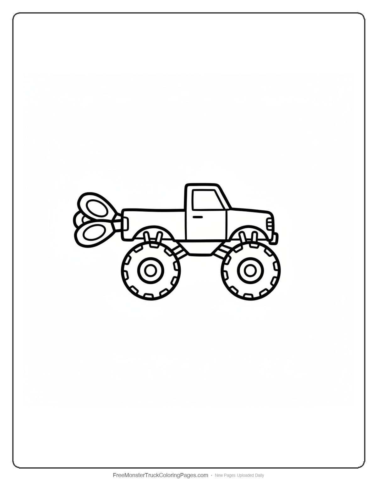 Black and white coloring page of a simple monster truck with a rattlesnake rattle shape on the rear bumper