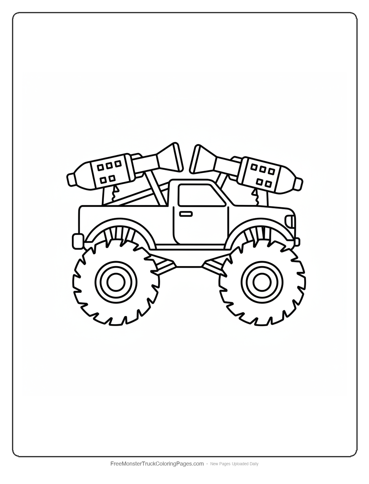 Black and white coloring page of a monster truck with exhaust pipes shaped like sci-fi ray guns pointing backward