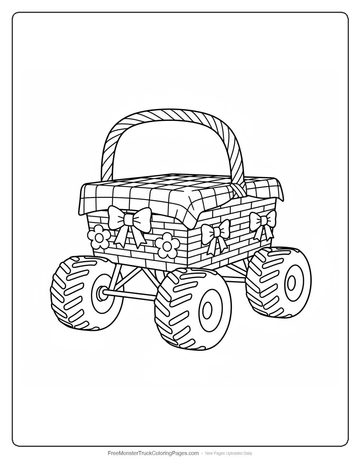 Black and white coloring page of a monster truck designed as a wicker picnic basket with checkered cloth and large wheels