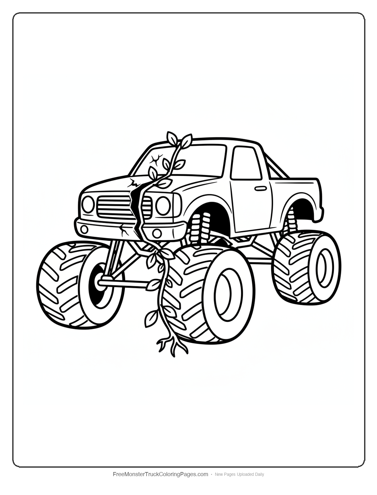 Black and white coloring page of a monster truck with one damaged side and one brand new side showing hydra regeneration