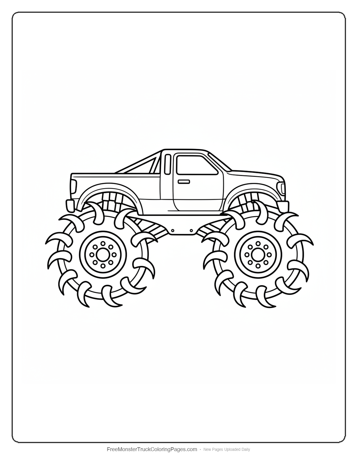 Black and white coloring page of a monster truck where each wheel has curved claw blades extending outward from the tire sidewalls