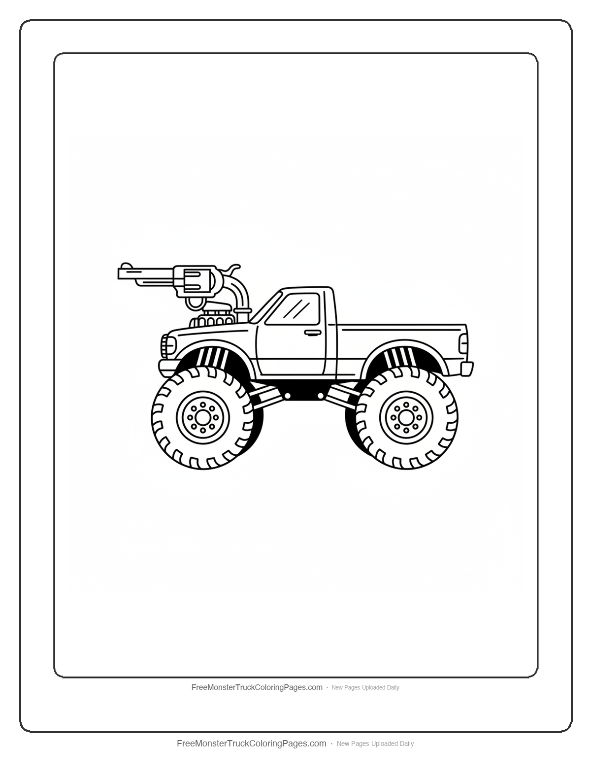 Black and white coloring page of a monster truck with two exhaust pipes shaped like old western revolver barrels