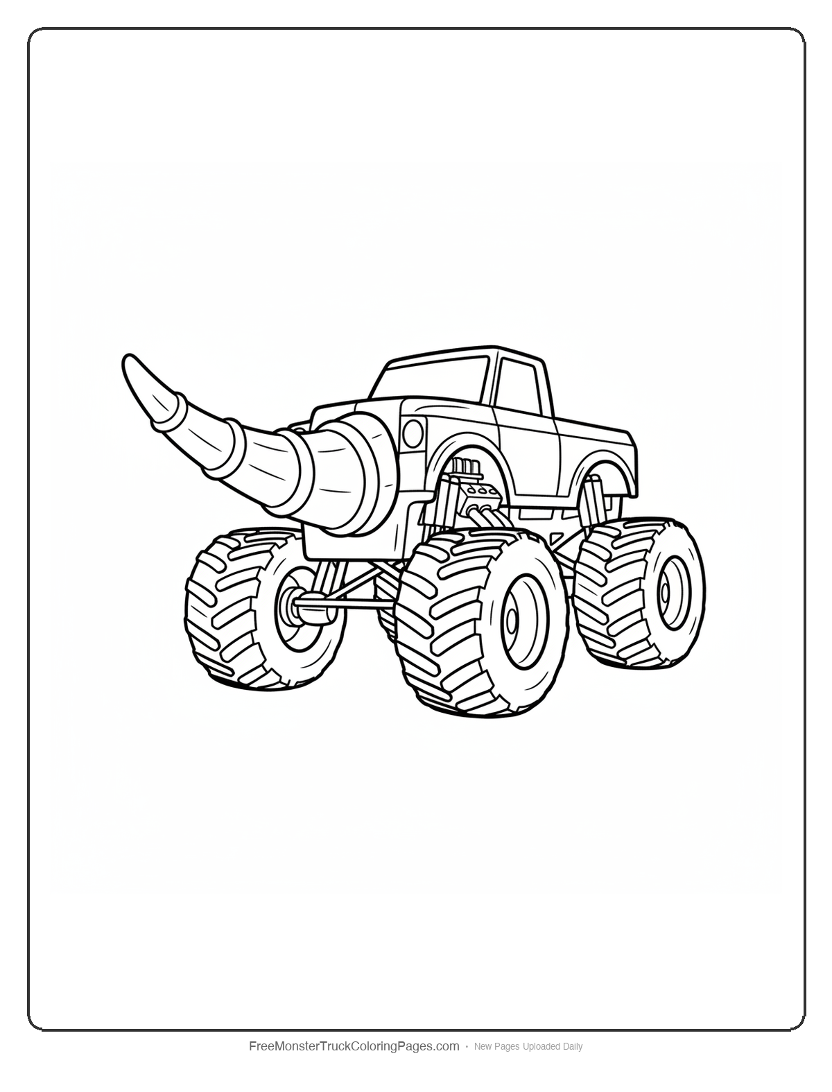 Black and white coloring page of a monster truck where the entire front end is one massive reinforced battering ram horn shape
