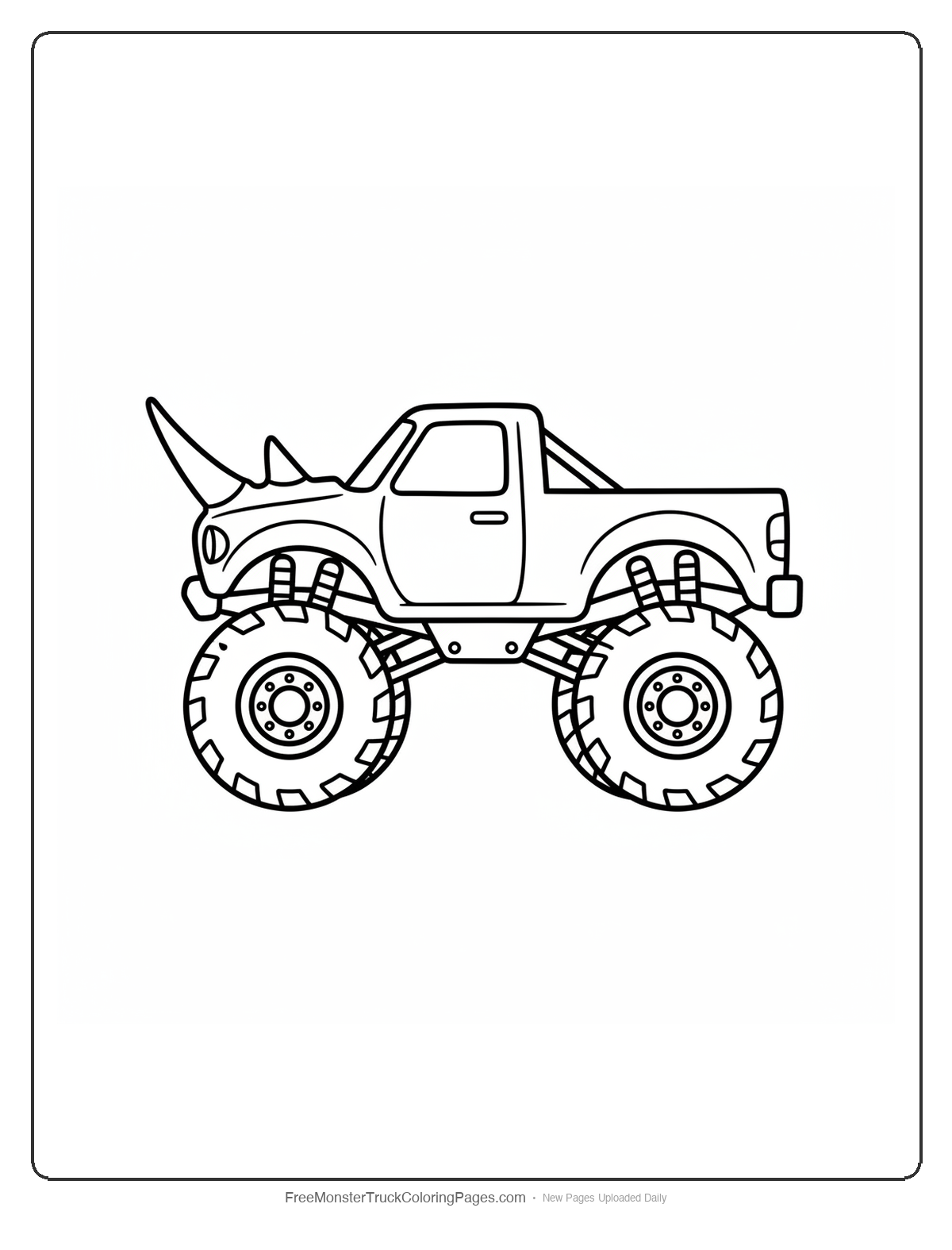 Black and white coloring page of a monster truck with one massive rhino horn mounted on the center of the hood pointing forward