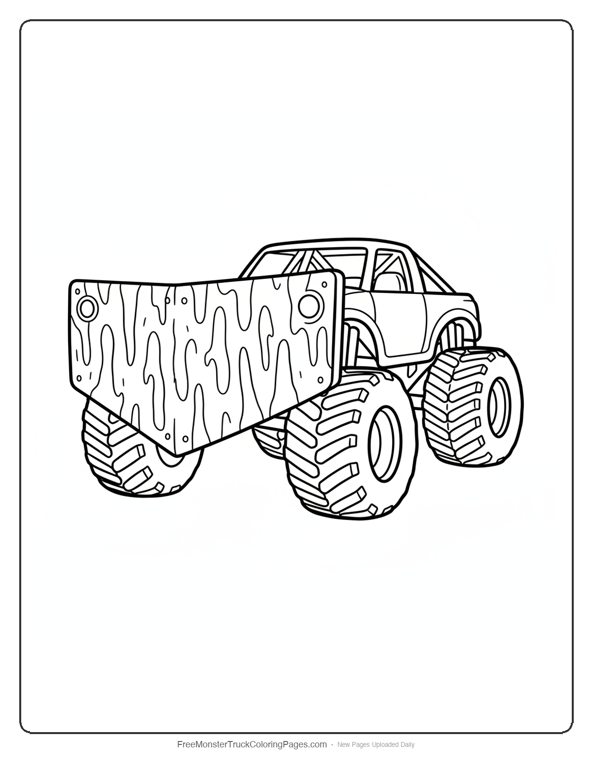 Black and white coloring page of a monster truck with the entire front end as a thick flat rhino hide shield wider than the body