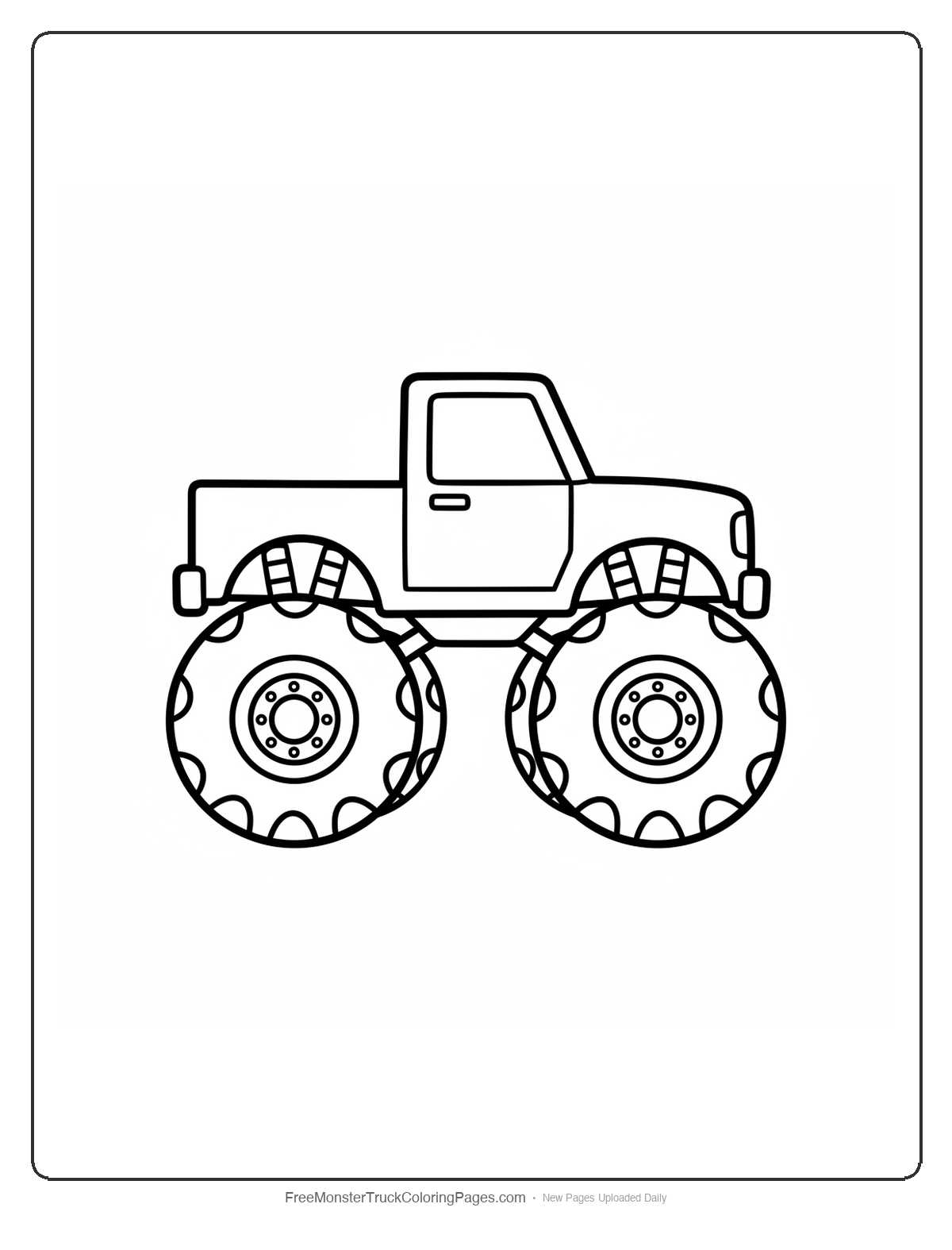 Black and white coloring page of a simple monster truck with extra wide flat rhino foot shaped wheels with toe treads
