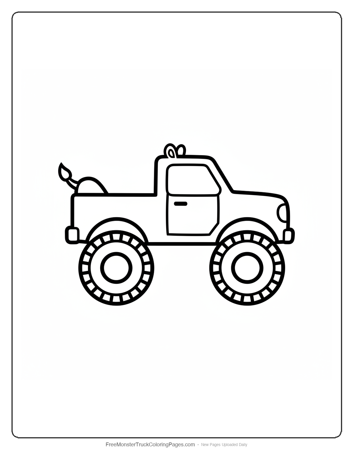 Black and white coloring page of a simple monster truck with a rhino tail shaped spoiler and rhino ears on the cab roof