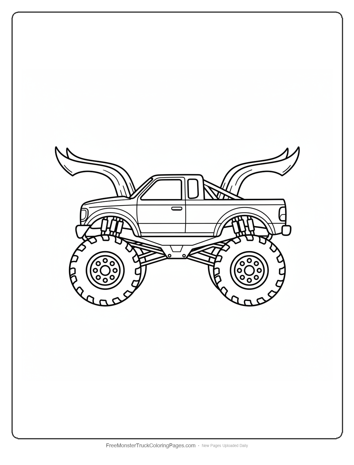 Black and white coloring page of a monster truck with exhaust pipes curved upward like rhino tusks behind the cab