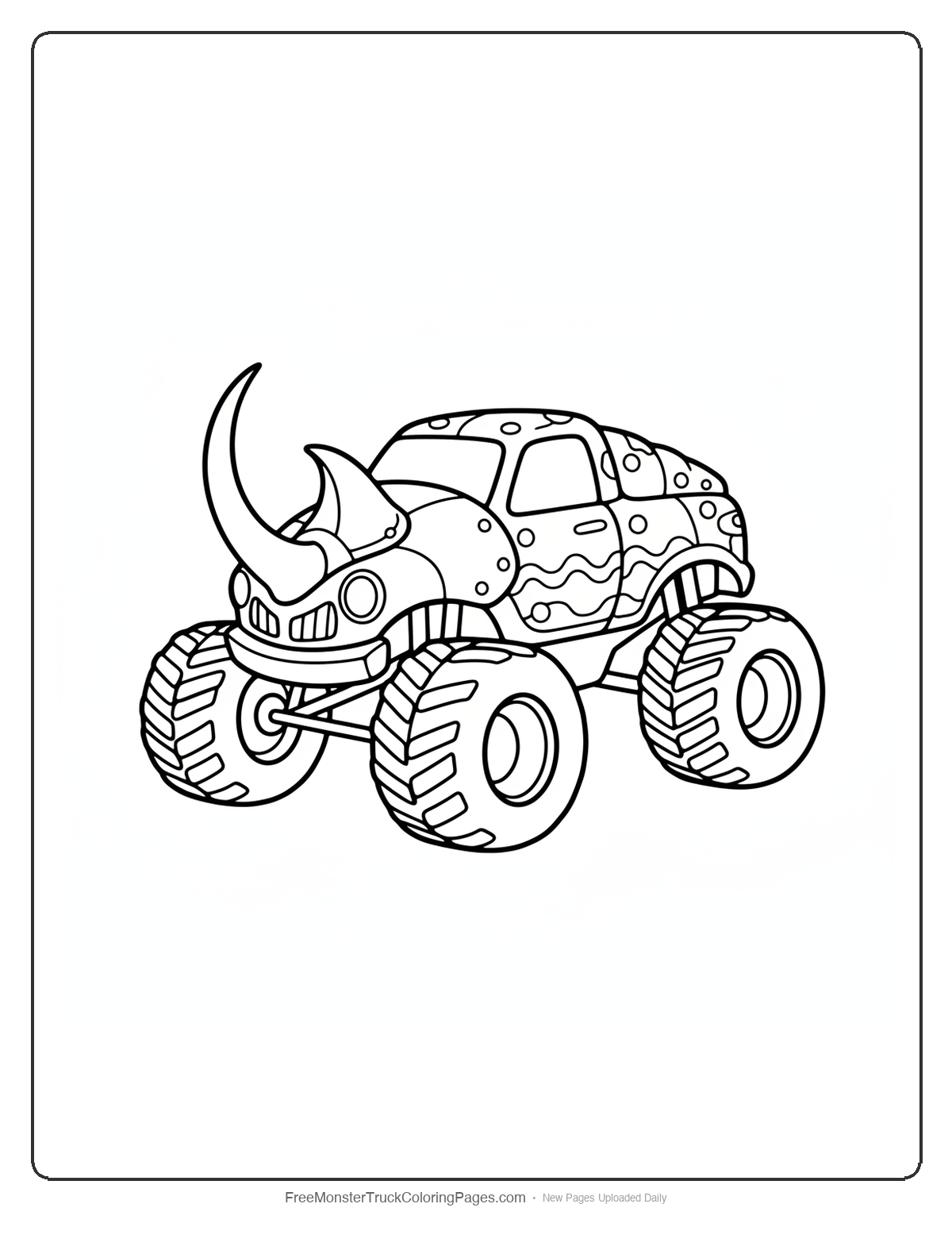 Monster truck shaped like a rhinoceros beetle with large curved horn, segmented body armor, and powerful wheels on white background