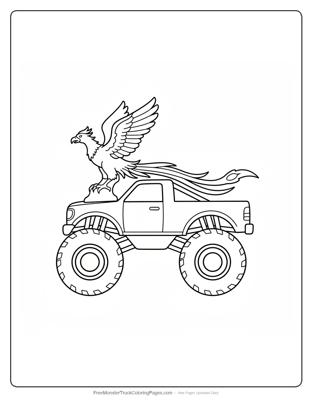 Black and white coloring page of a monster truck with a rising phoenix bird hood ornament with spread wings