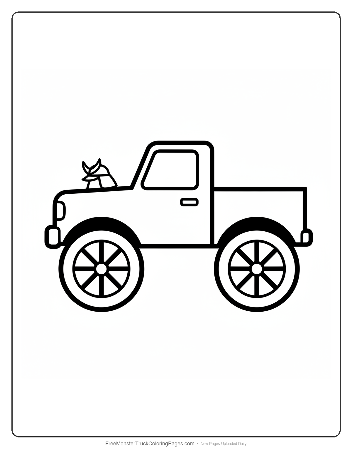 Black and white coloring page of a simple monster truck with wheel spokes radiating like sun rays and a small helmet shape on the hood