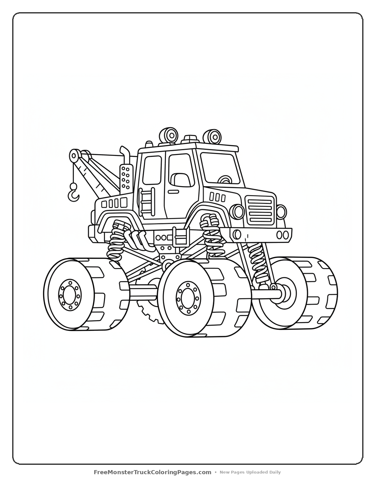 Black and white coloring page of a monster truck with large roller wheels and construction equipment details
