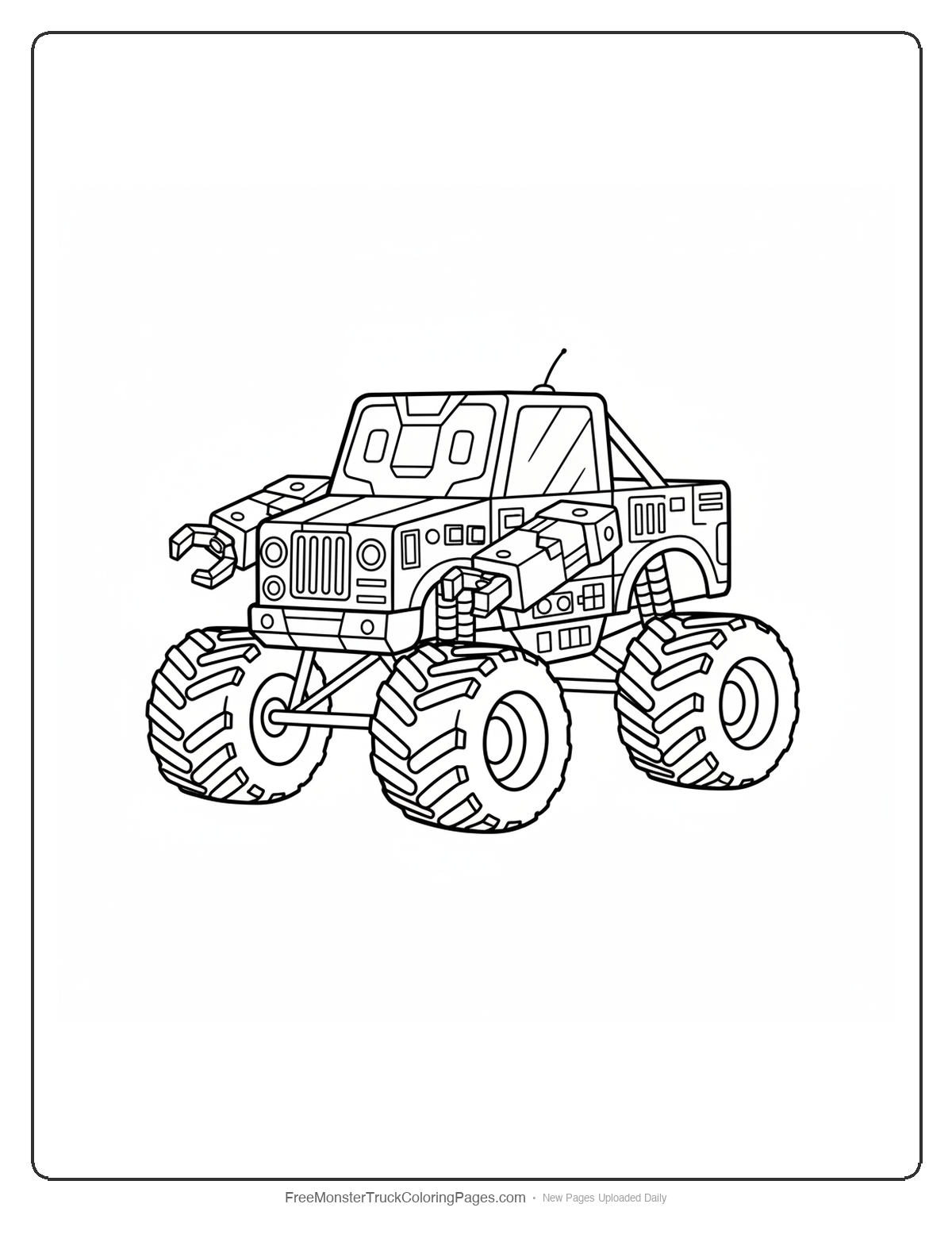 Black and white coloring page of a detailed monster truck designed like a robot toy with mechanical arms, antenna, control panels, and large treaded wheels