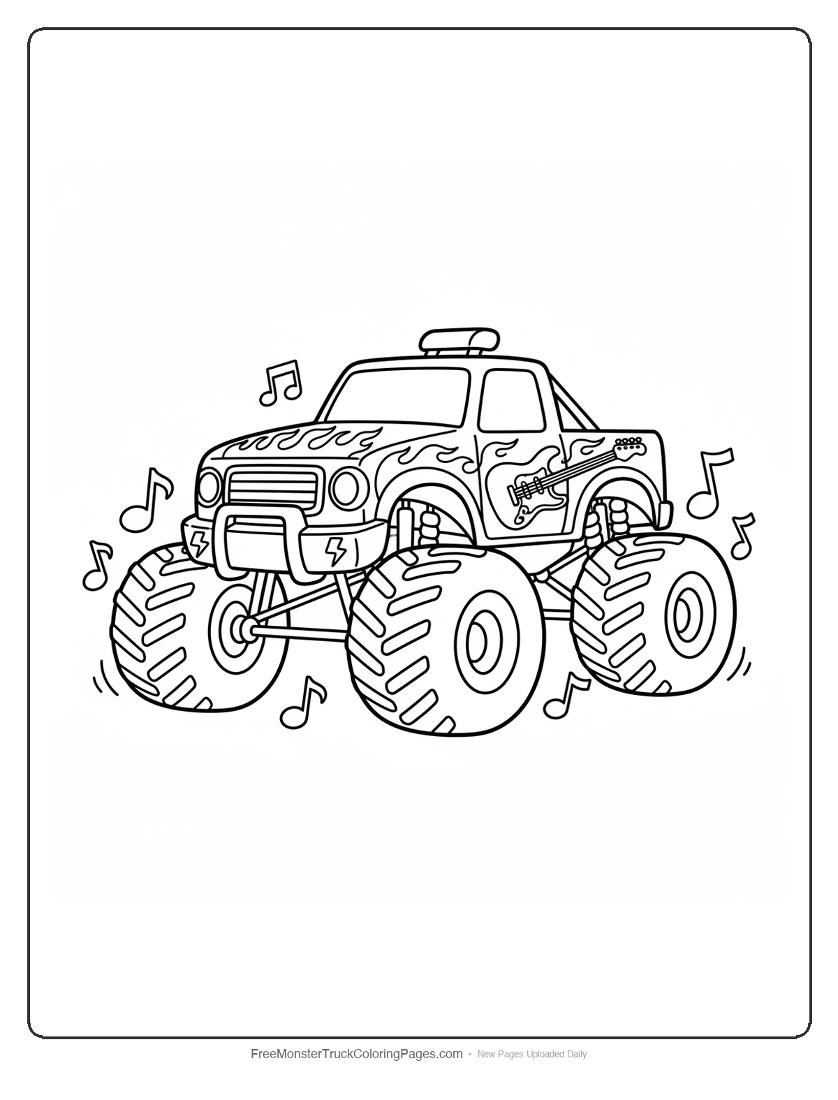 Black and white coloring page of a monster truck decorated with electric guitars and musical notes