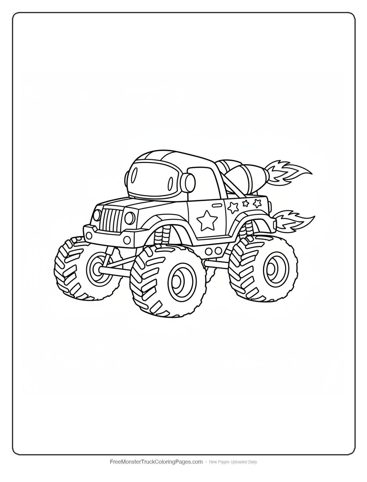 Monster truck coloring page with robot features and rocket boosters attached to the back