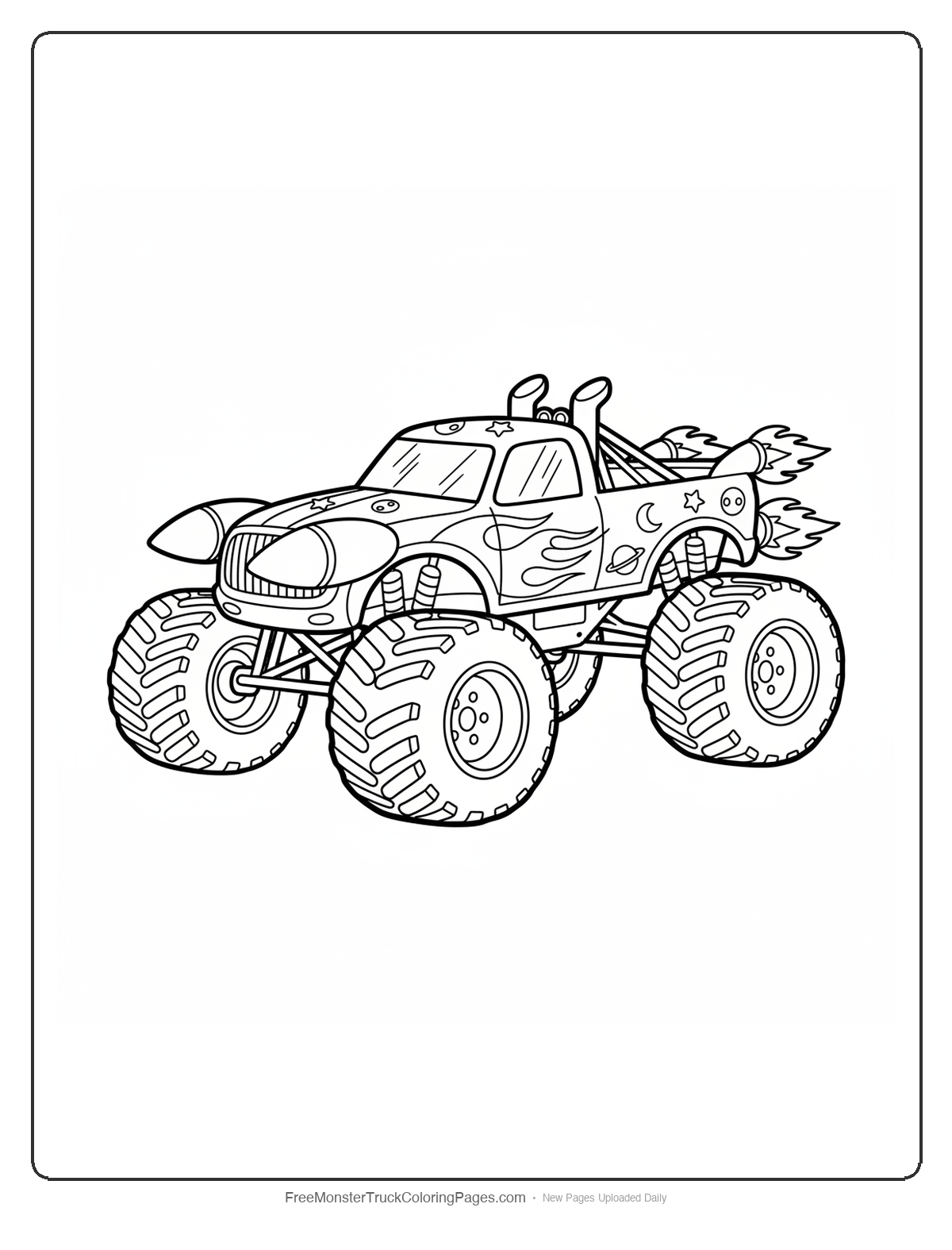 Black and white coloring page of a monster truck with rocket boosters attached, designed for high-speed space travel