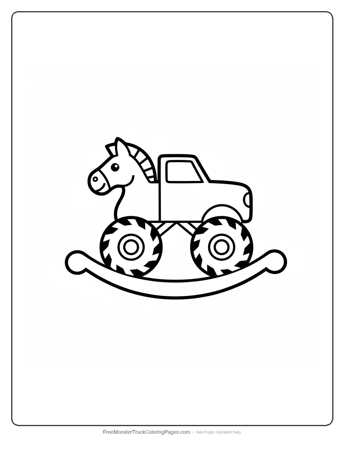 Black and white coloring page of a simple monster truck designed like a rocking horse with curved base, horse head front, and large wheels