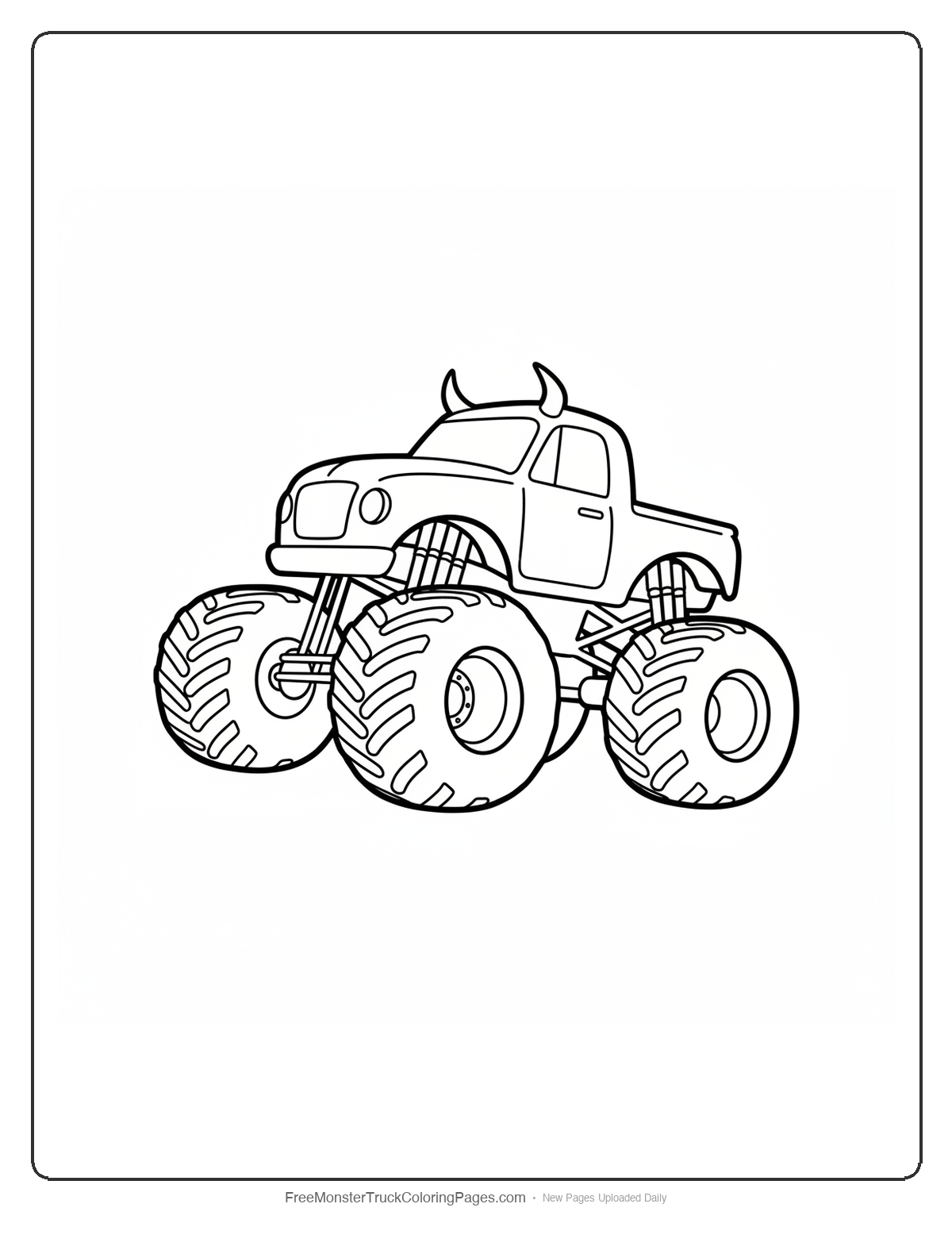 Black and white coloring page of a monster truck with the front end raised high like a bull rearing up on its hind legs