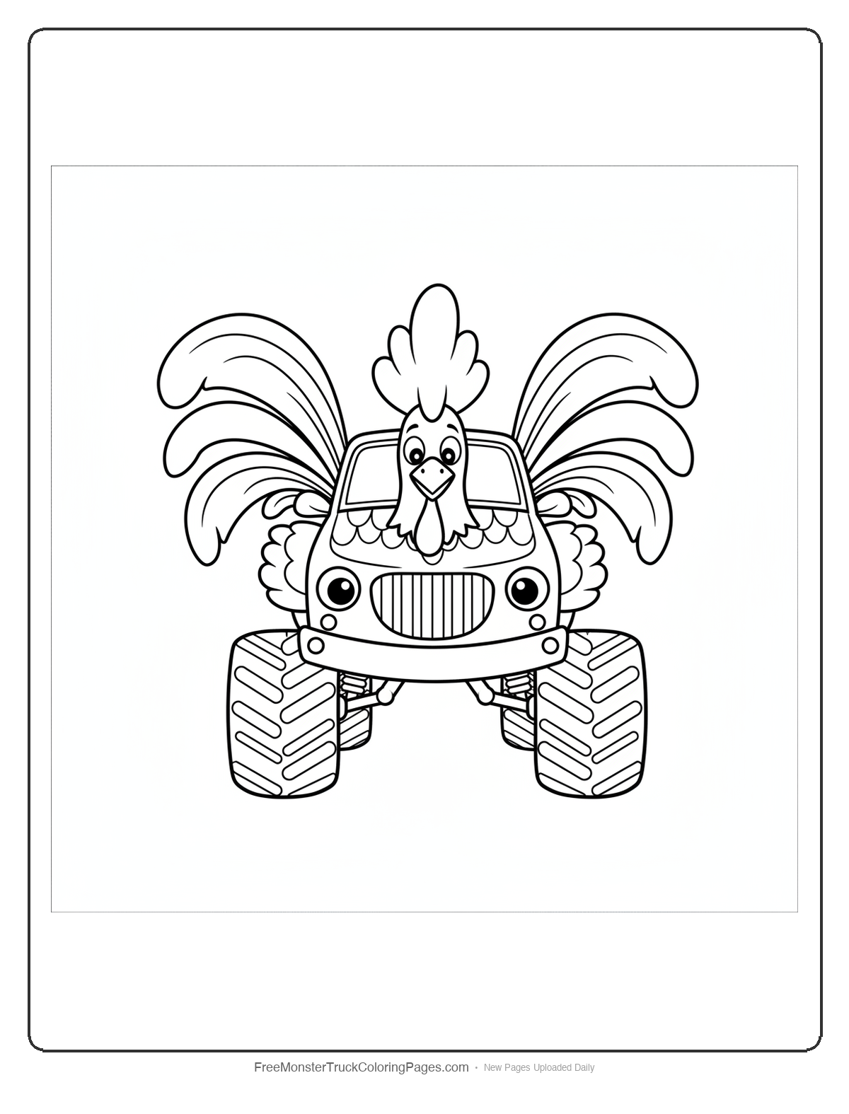 Black and white coloring page of a monster truck with rooster comb on roof and tail feathers