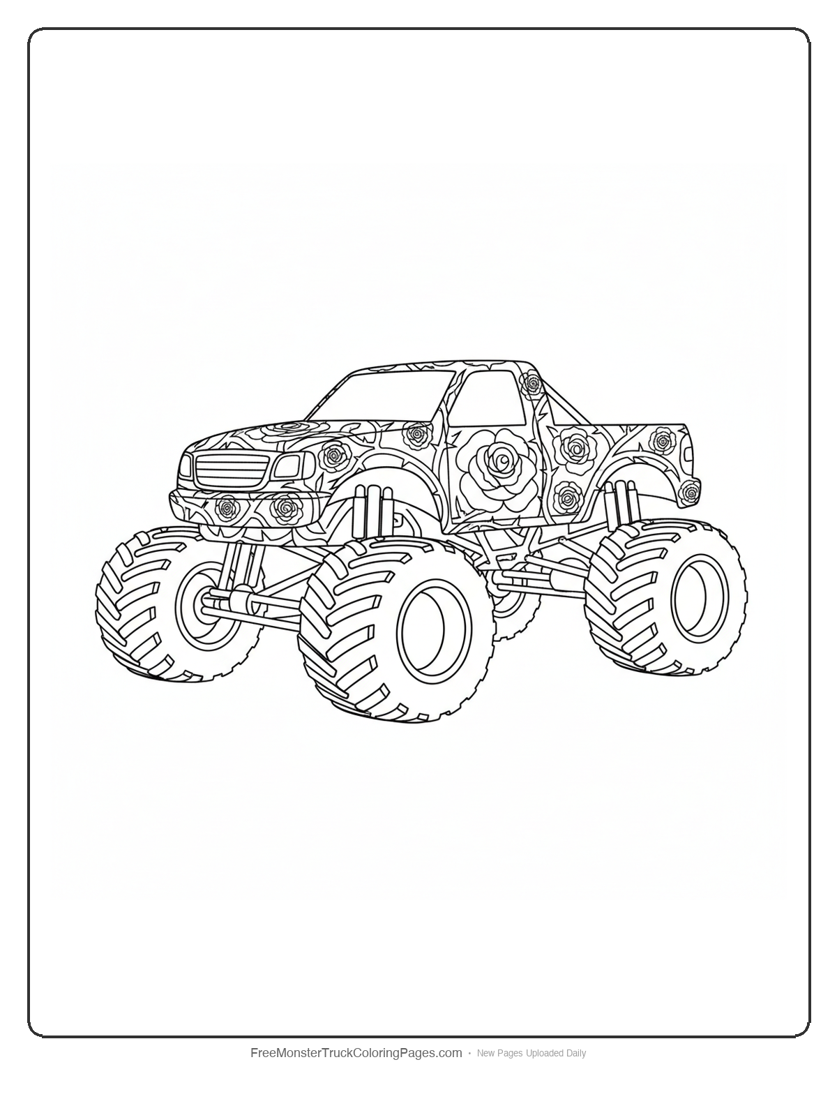 Detailed coloring page of a monster truck decorated with roses and thorny vines covering the body and wheels