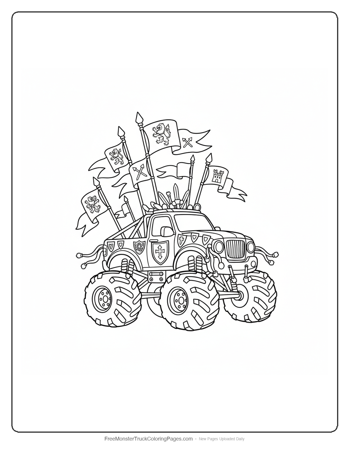 Coloring page of a monster truck decorated with multiple medieval banners, flags, and heraldic symbols flowing in the wind