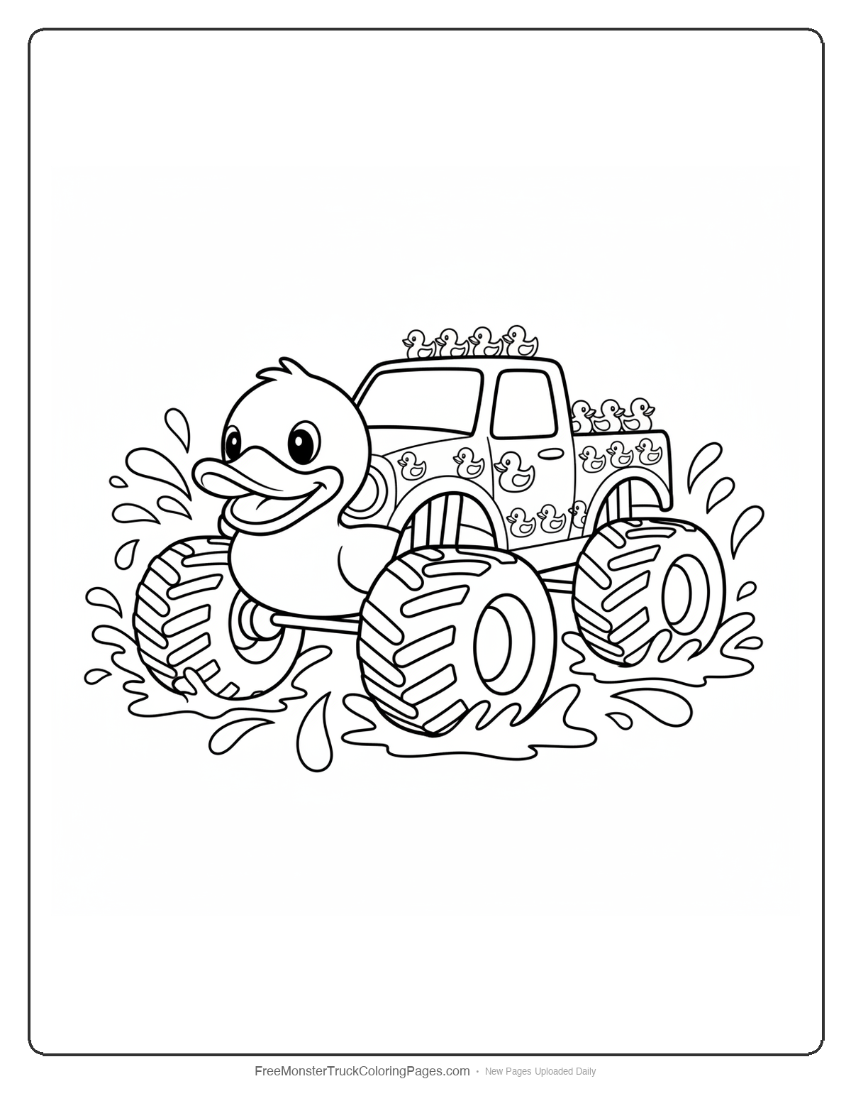Monster truck coloring page decorated with rubber ducky designs and water splash effects