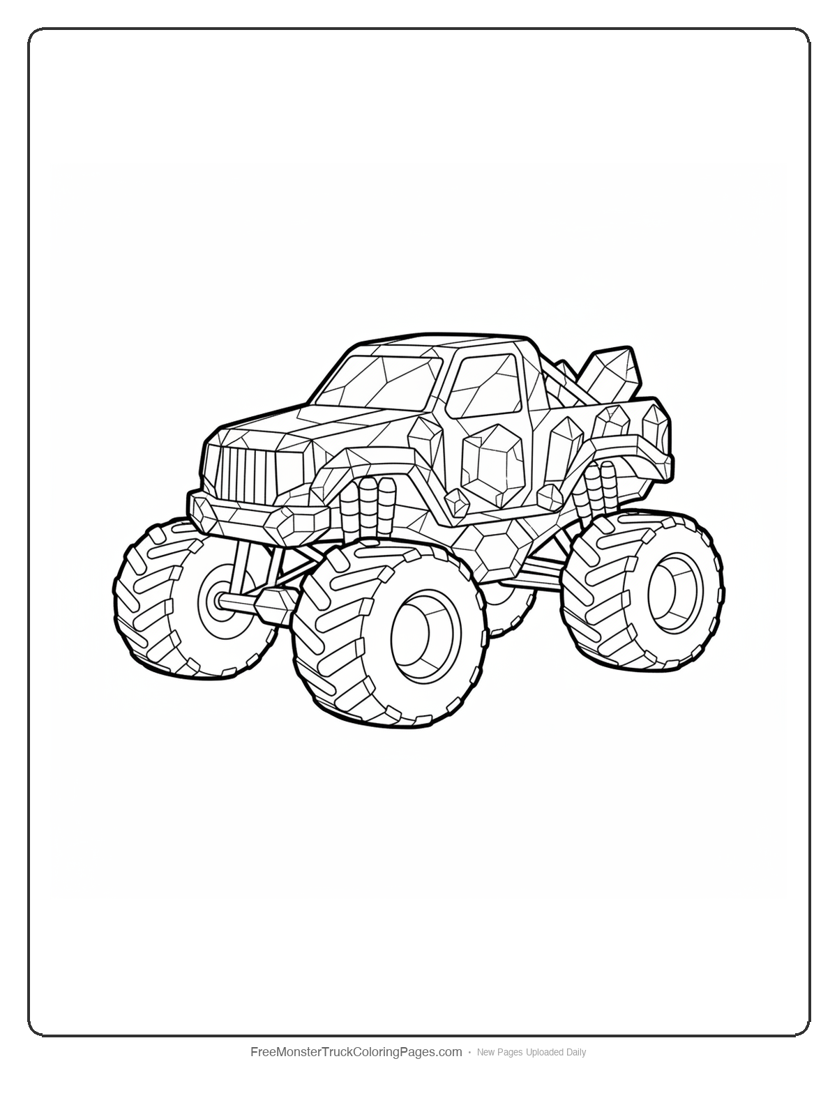 Black and white coloring page of an intricate monster truck constructed from ruby crystals with detailed geometric patterns
