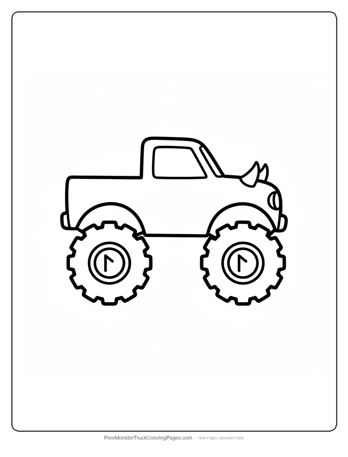 Black and white coloring page of a simple monster truck with wheel hub caps featuring a cross rune shape and small horns on the hood