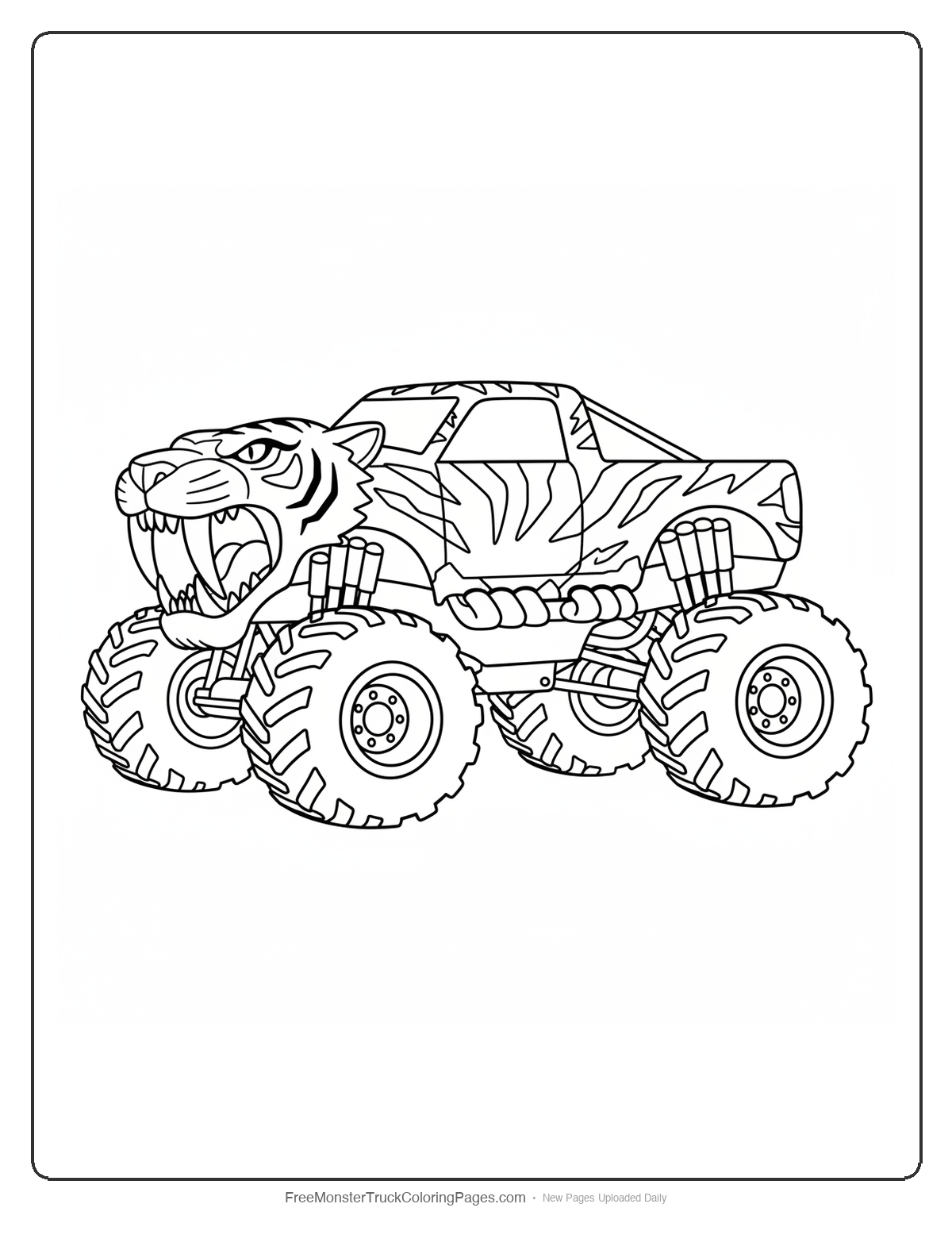 Black and white coloring page of a monster truck designed like a saber-tooth tiger with huge curved tusks
