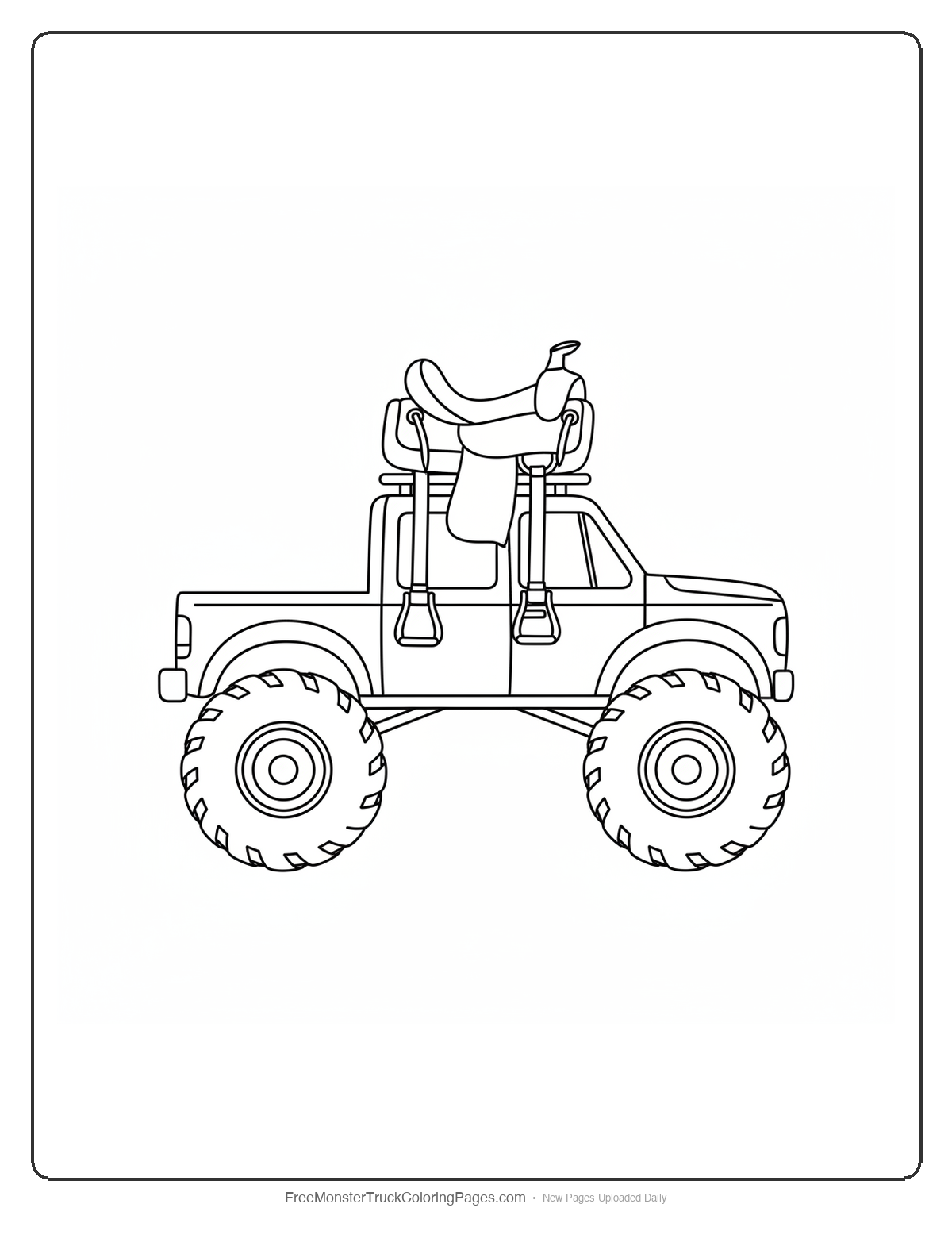 Black and white coloring page of a monster truck with a western saddle shape mounted on top of the cab roof