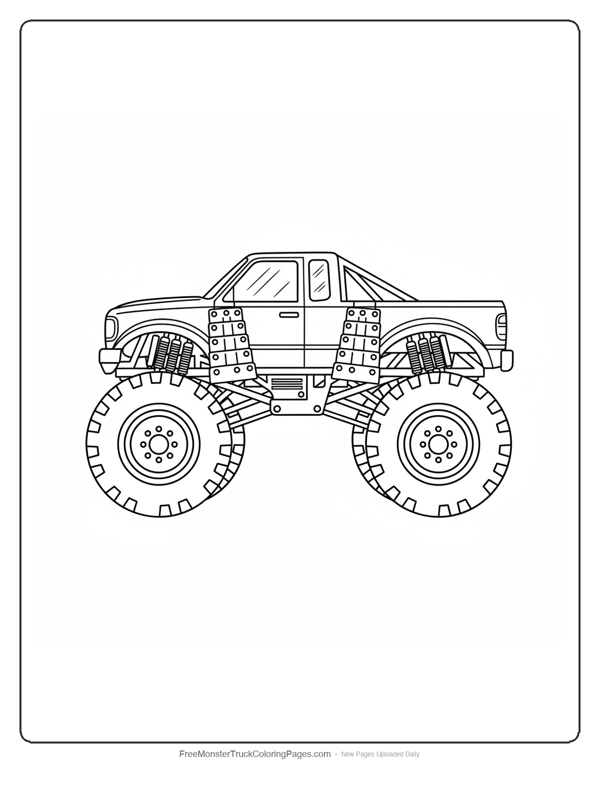 Black and white coloring page of a monster truck with fenders shaped like layered samurai shoulder armor plates with overlapping segments
