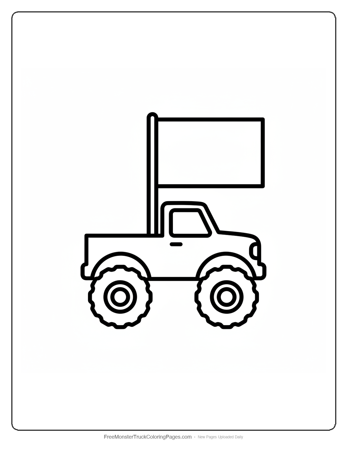 Black and white coloring page of a simple monster truck with a tall flag pole in the truck bed flying a rectangular samurai banner
